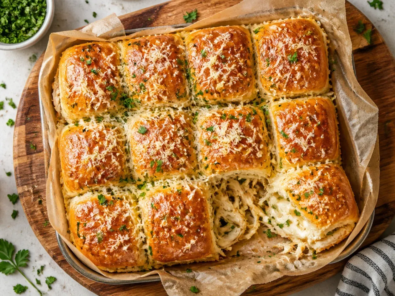 Tray of budget-friendly chicken sliders on Hawaiian rolls cut into neat squares.