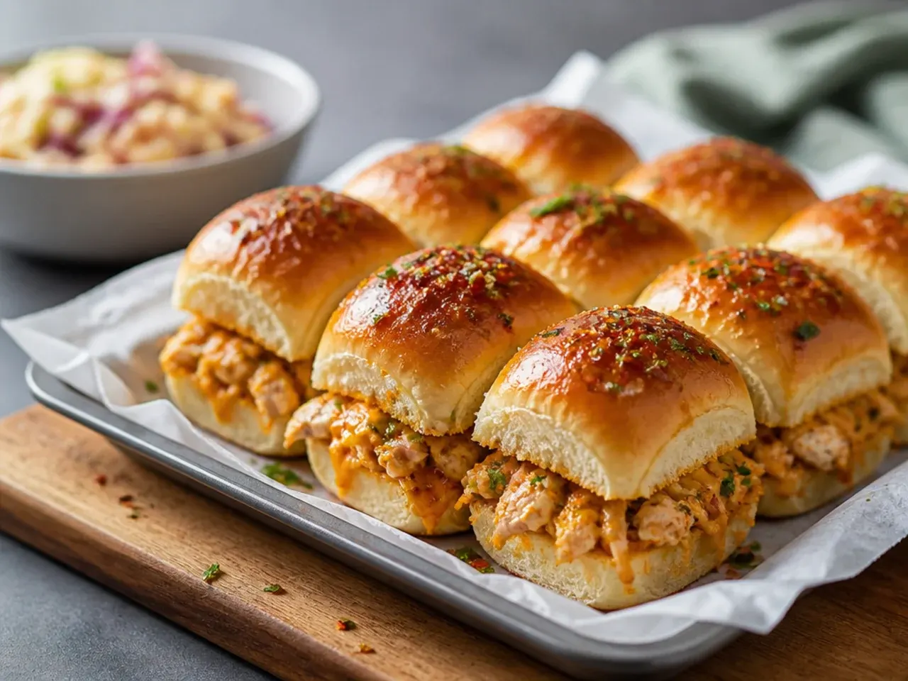 Chicken sliders baking uncovered on a sheet pan with crisped, golden roll bottoms.