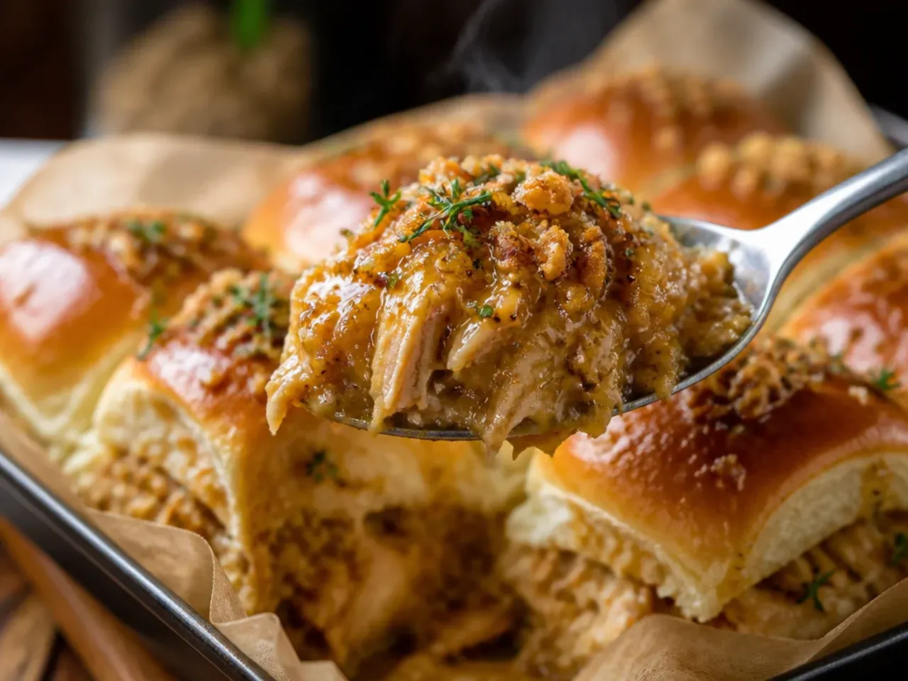 Rustic honey mustard chicken sliders on Hawaiian rolls with visible pickle slices.