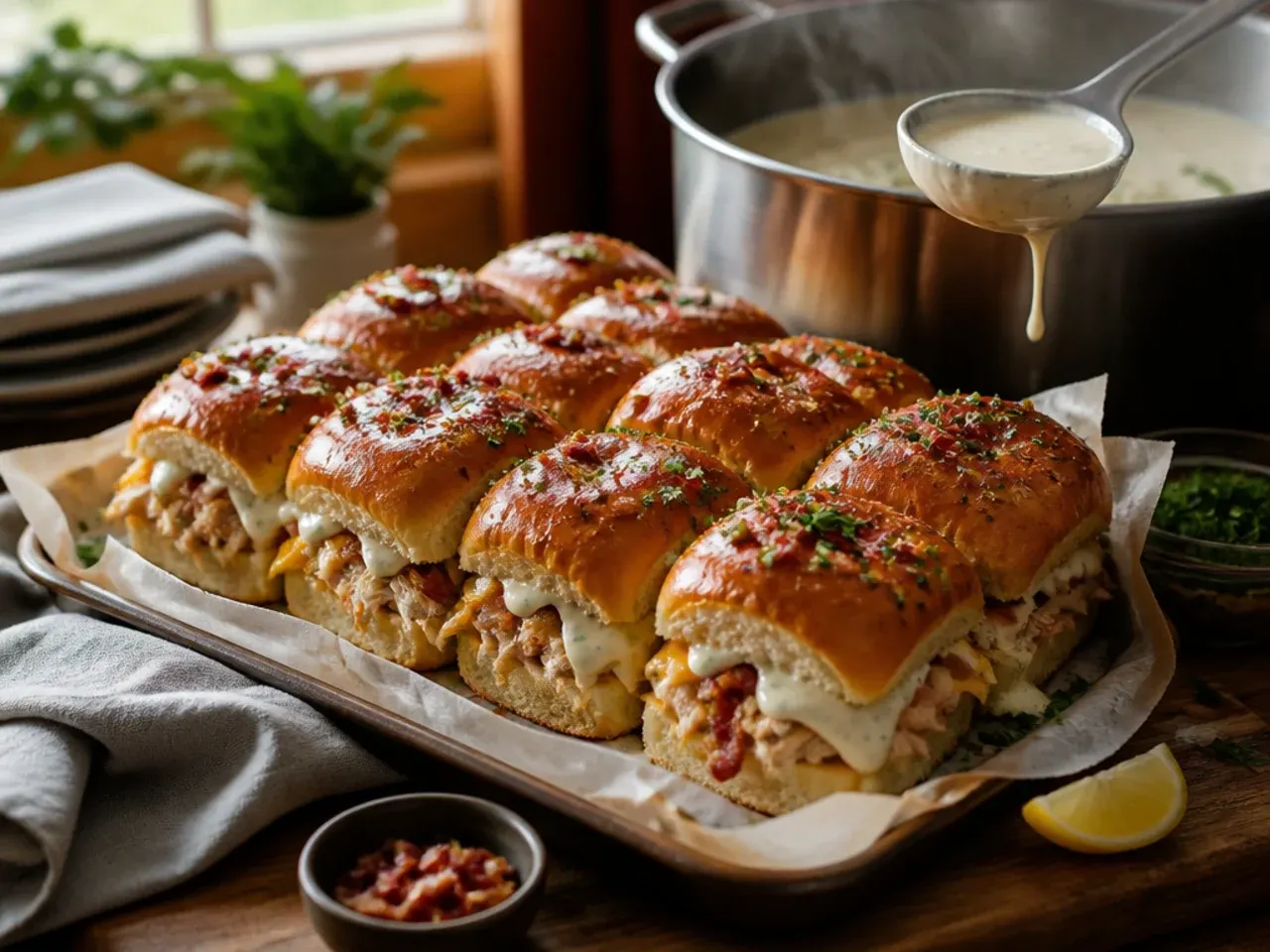 Loaded bacon ranch chicken sliders on Hawaiian rolls topped with extra bacon crumbles.