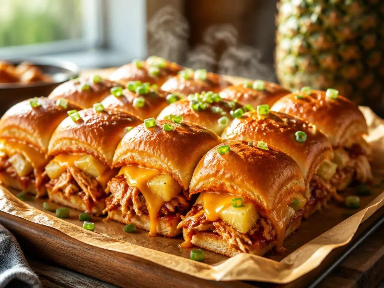 Hawaiian pineapple chicken sliders on Hawaiian rolls with visible pineapple chunks and red onion.