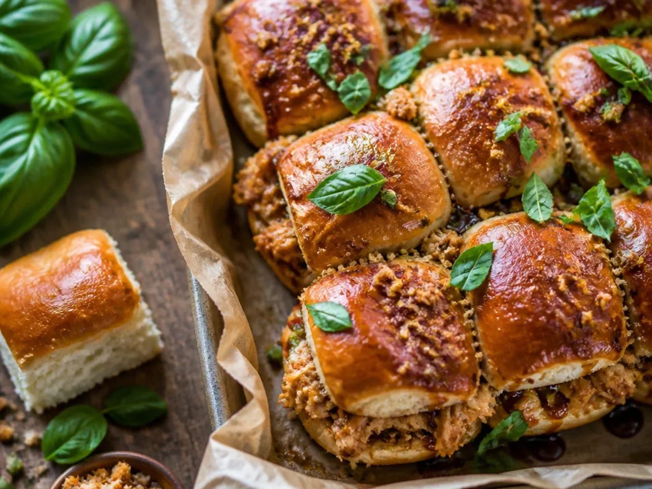 Glossy teriyaki chicken sliders on Hawaiian rolls topped with toasted sesame seeds and spring onion.