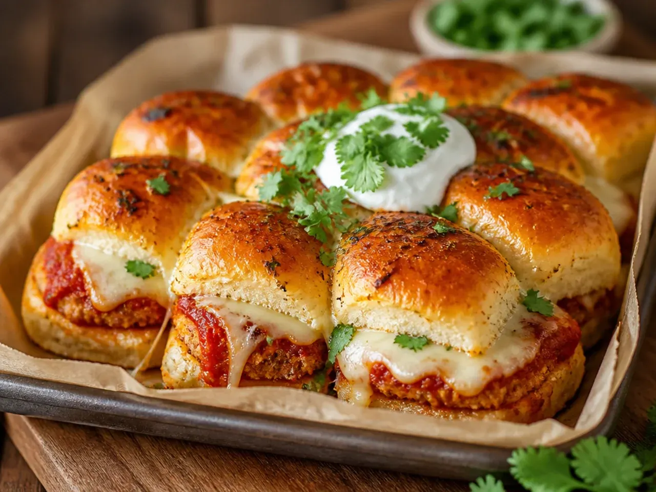 Chicken Parmesan sliders on Hawaiian rolls with marinara sauce and melted mozzarella.