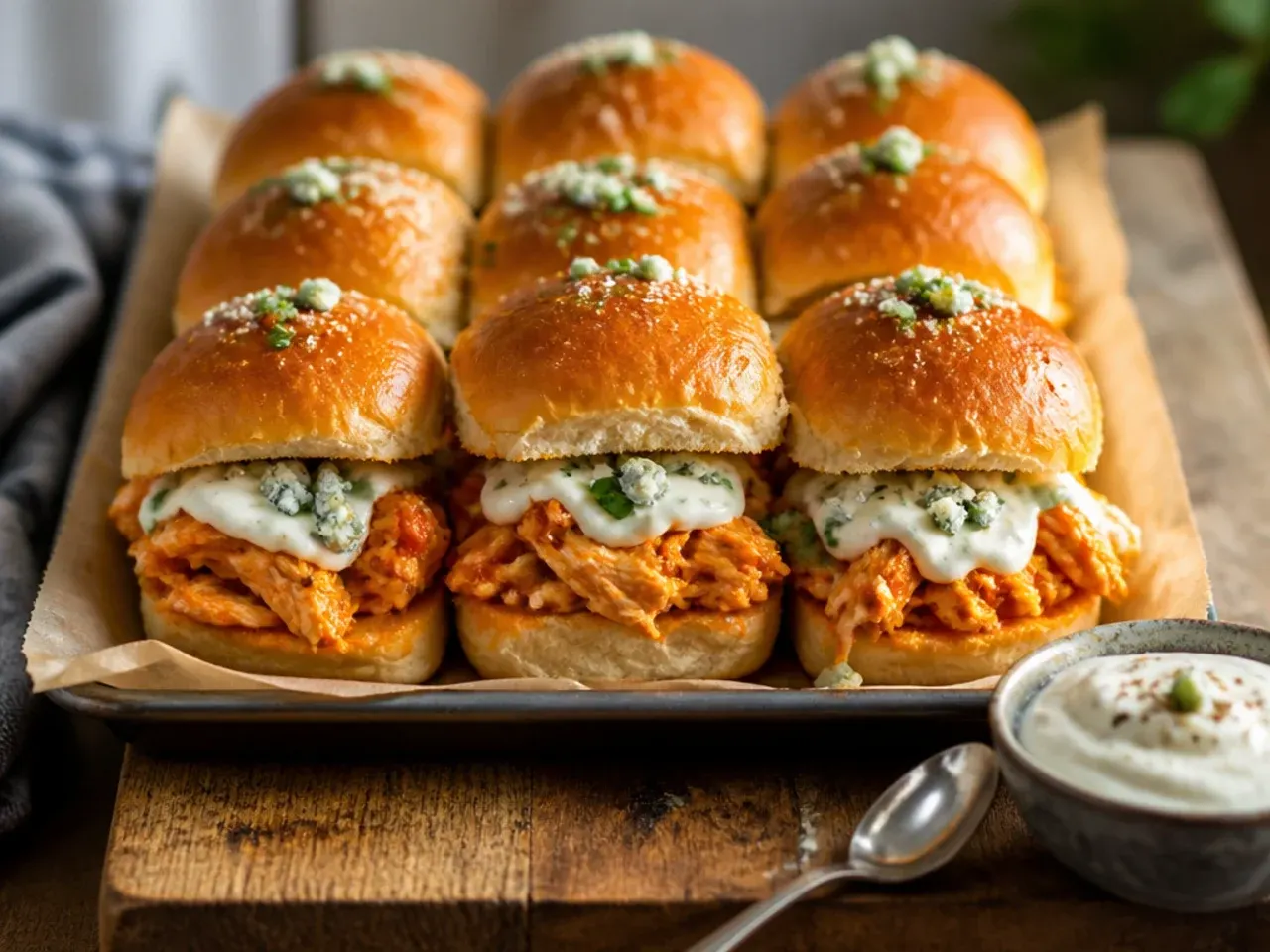 Buffalo blue cheese chicken sliders on Hawaiian rolls with crumbled blue cheese visible in the filling.