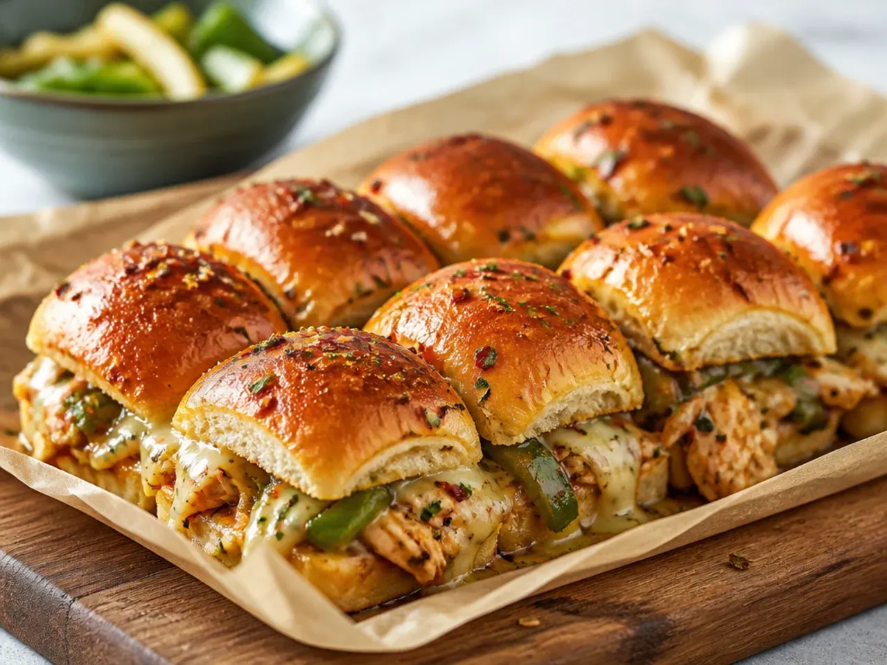 Philly-style chicken cheesesteak sliders on Hawaiian rolls with peppers, onions and melted provolone.