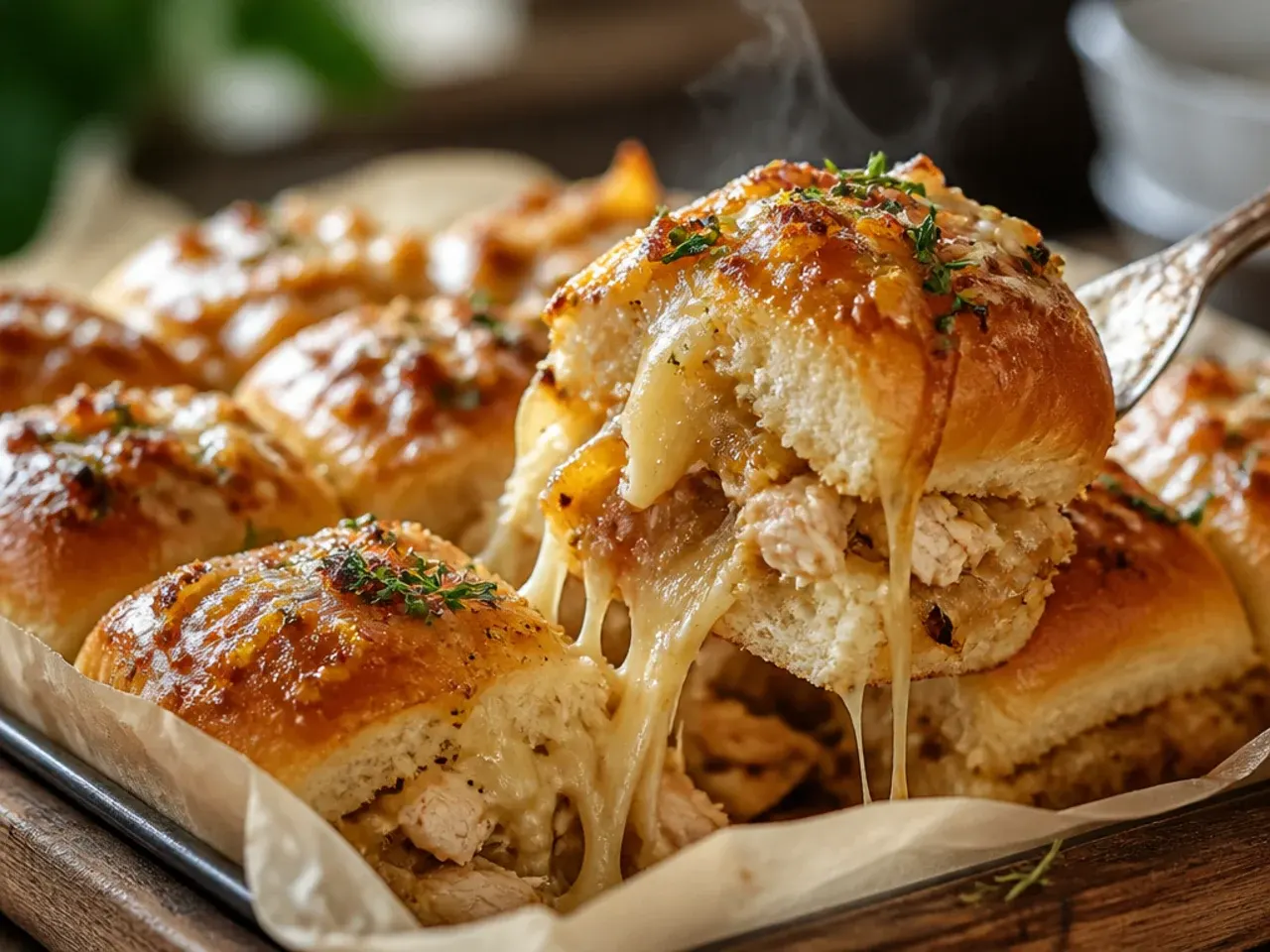 French onion chicken sliders on Hawaiian rolls with melted Gruyère and caramelised onions.