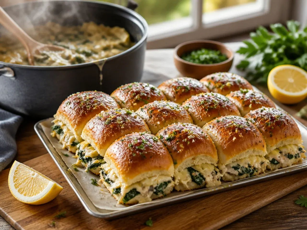 Creamy spinach artichoke chicken sliders on Hawaiian rolls with a bubbling golden cheese top.