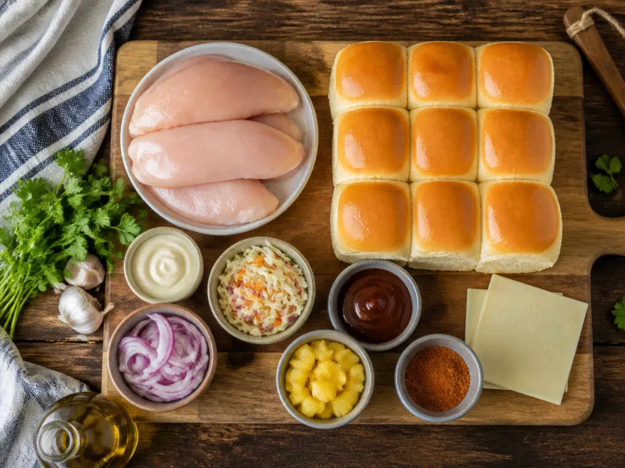 Hands using a serrated knife to slice a full tray of baked chicken sliders into individual portions.