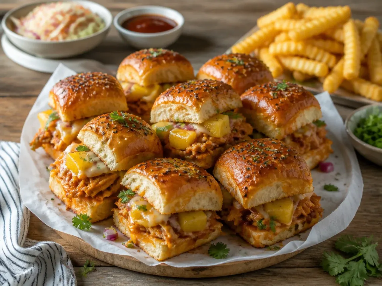 Chicken sliders arranged on a wooden board with small bowls of dipping sauce and a side salad.