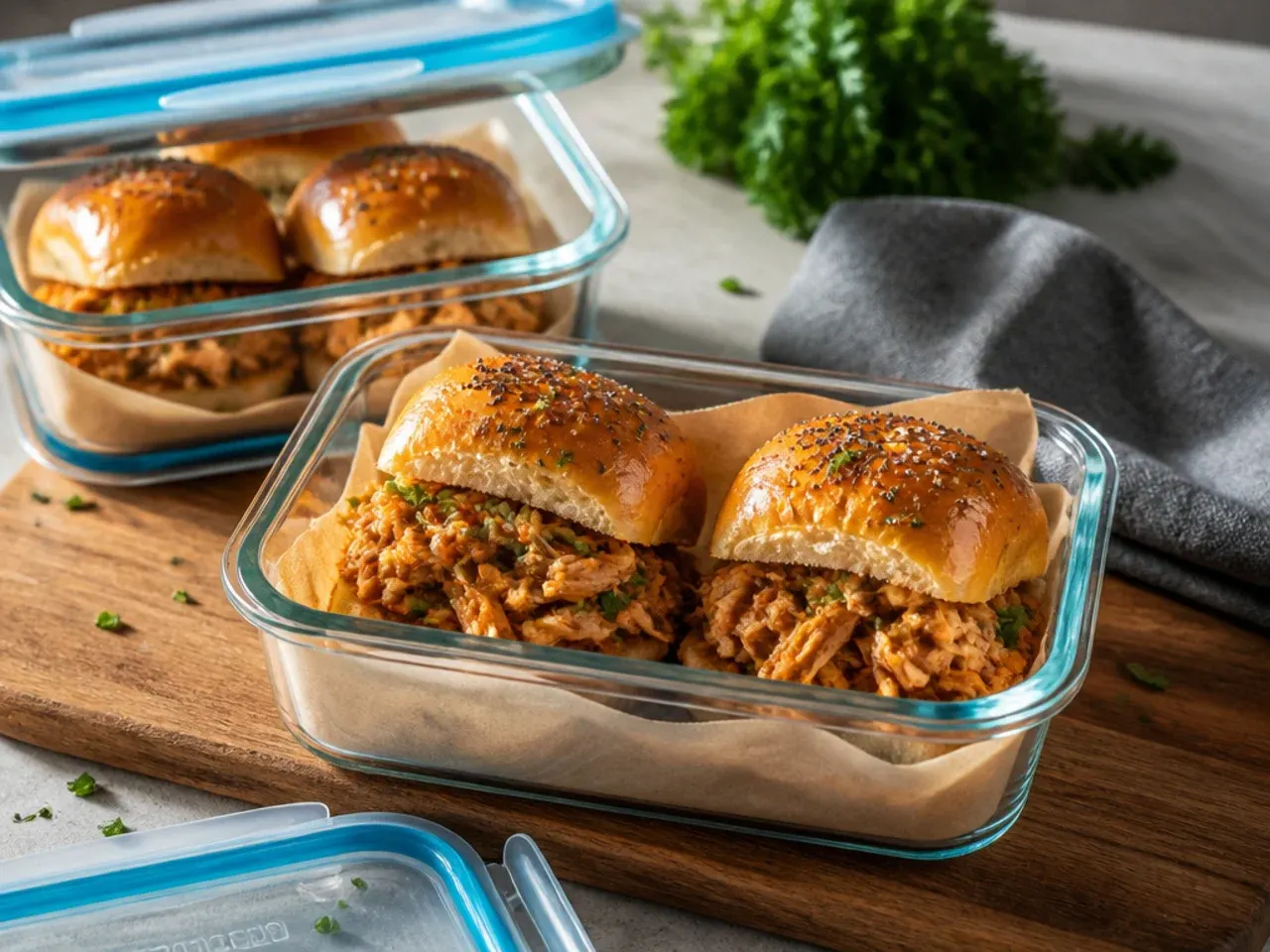 Leftover chicken sliders stored in an airtight glass container in the fridge.