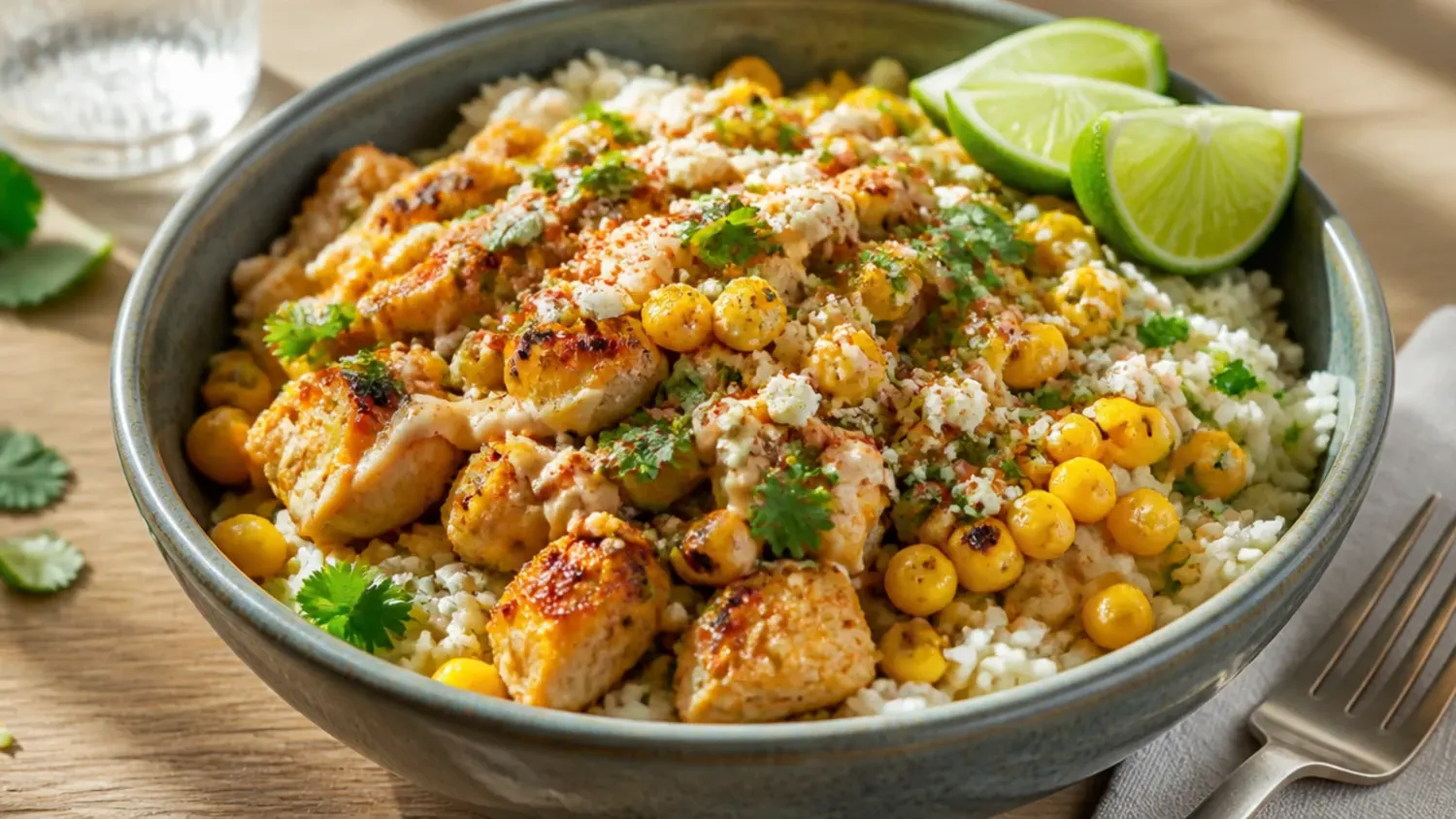 Overhead shot of a chicken street corn rice bowl with charred corn, sliced grilled chicken, avocado, cotija cheese and creamy lime sauce over white rice