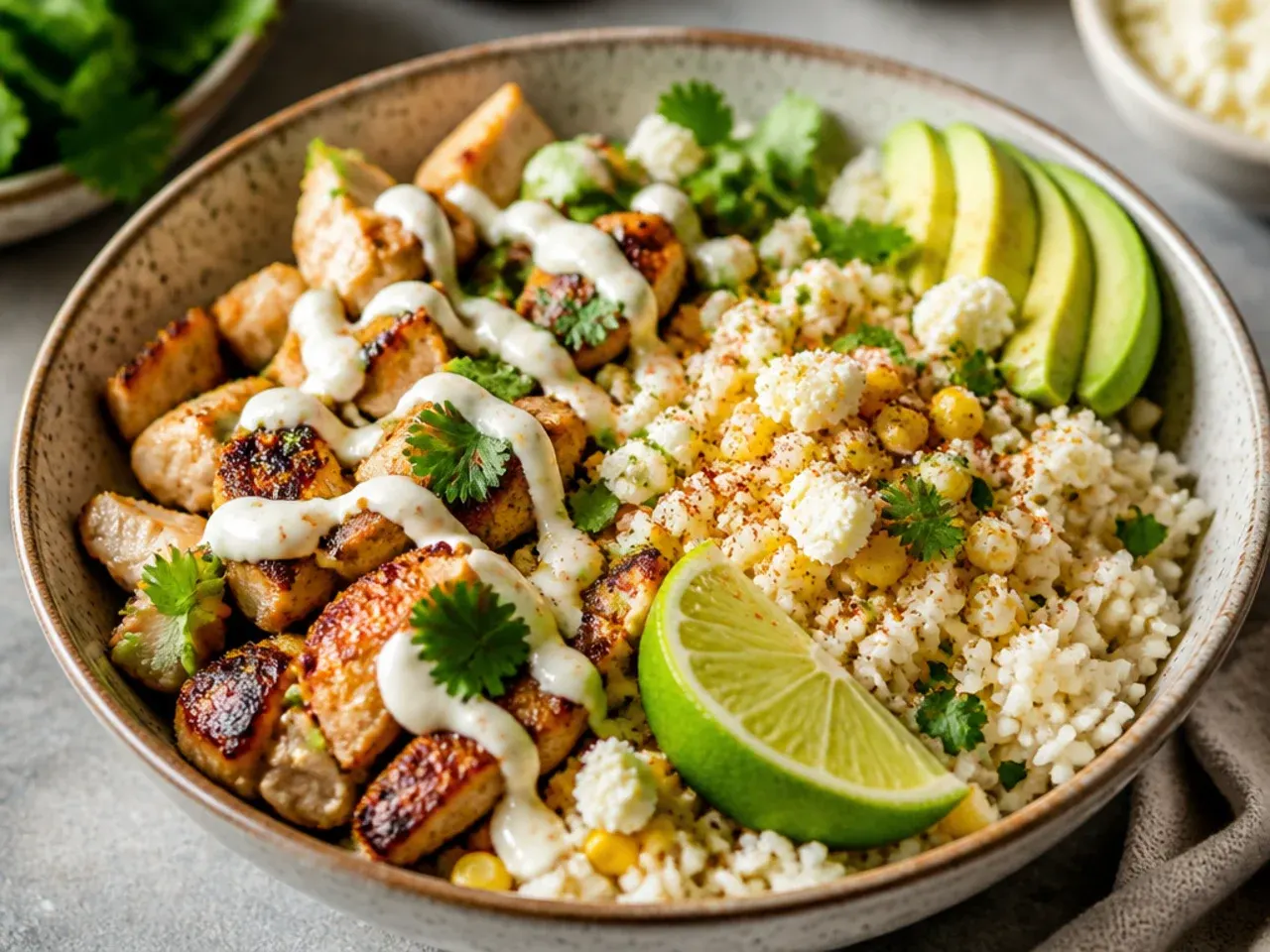 Ingredients for a chicken street corn rice bowl laid out on a counter, including chicken breasts, corn, rice, lime and cotija cheese