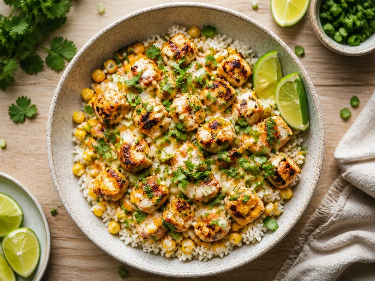 Sliced grilled chicken breast fanned over rice with charred corn kernels in a bowl