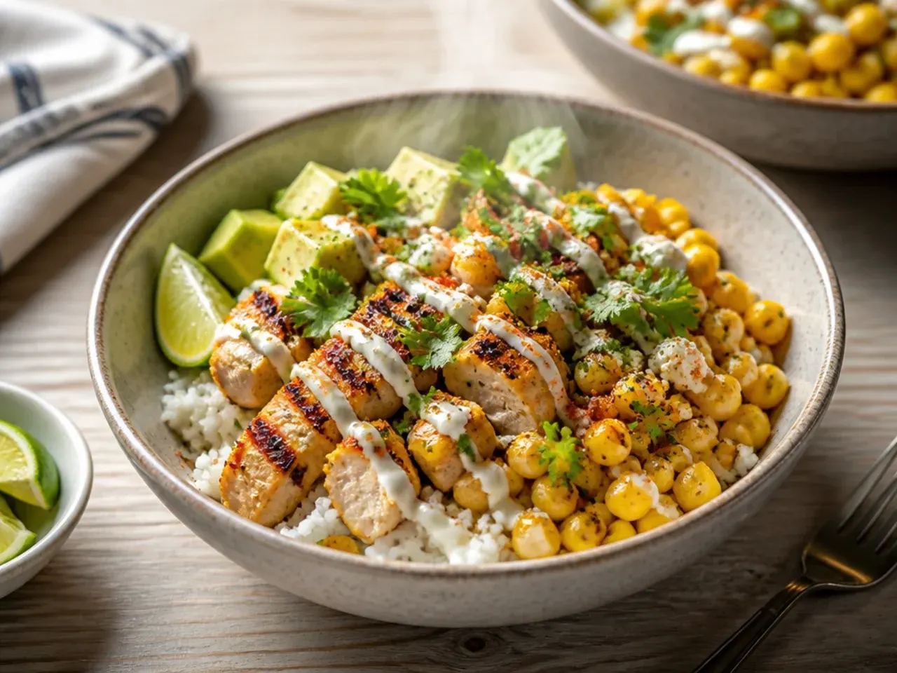 Shredded rotisserie chicken and charred corn being spooned into a quick rice bowl