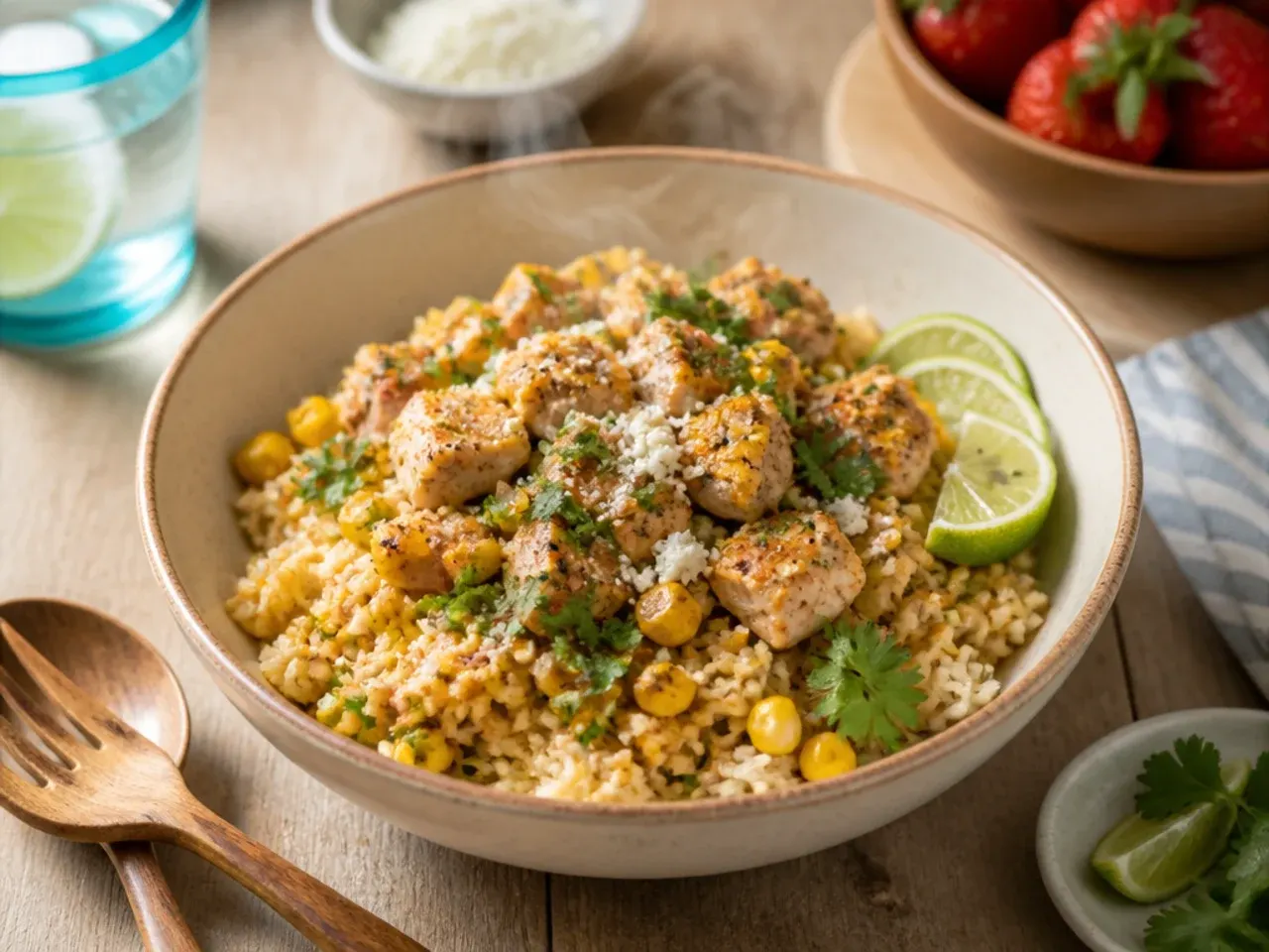 Simple street corn chicken bowl made with rotisserie chicken and canned corn