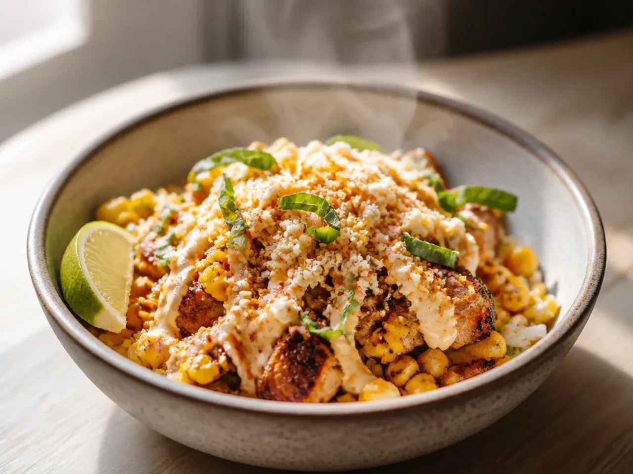 Extra creamy cotija sauce being drizzled over a chicken street corn rice bowl