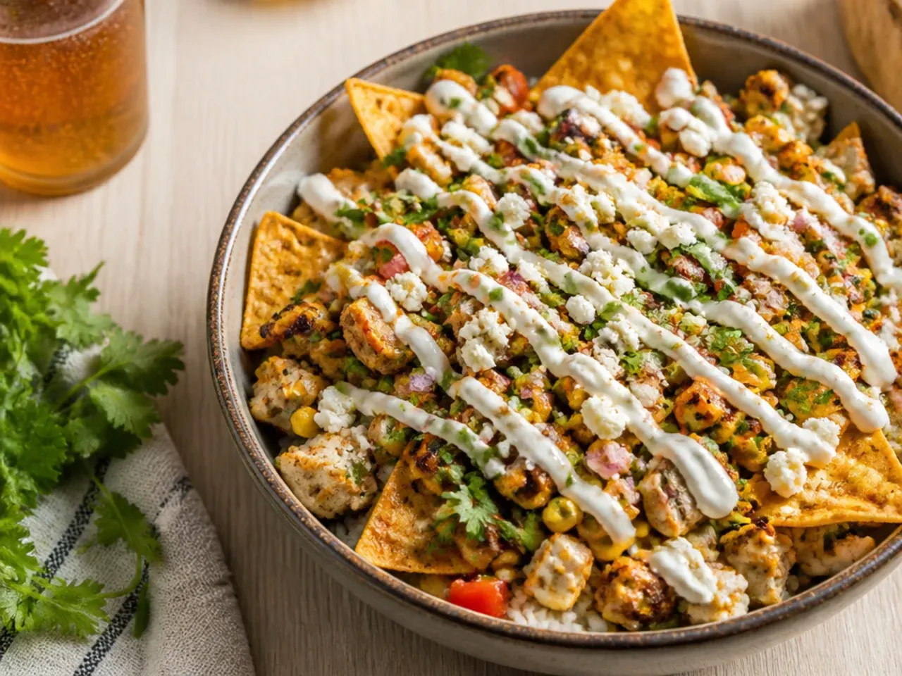 Loaded chicken street corn rice bowl topped with black beans, jalapenos and crushed tortilla strips