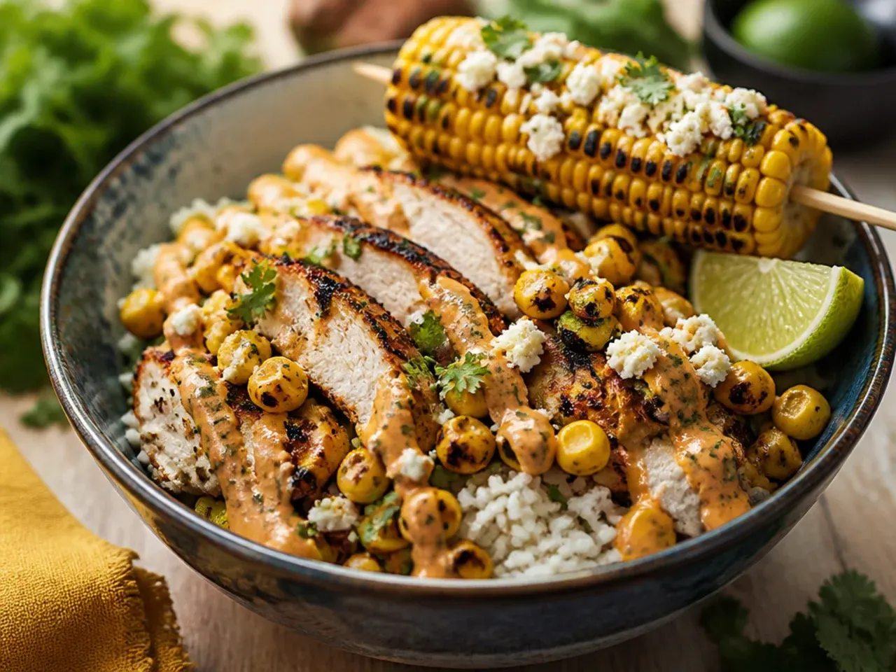 Whole corn cobs charring over an open flame before being cut into a street corn bowl