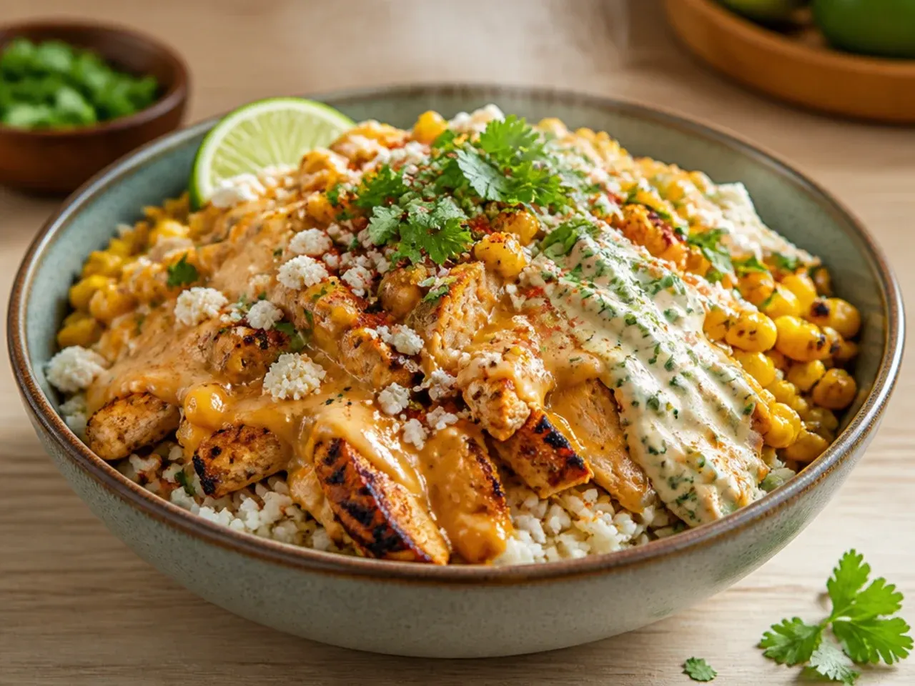 Warm pepper jack queso being poured over a chicken street corn rice bowl