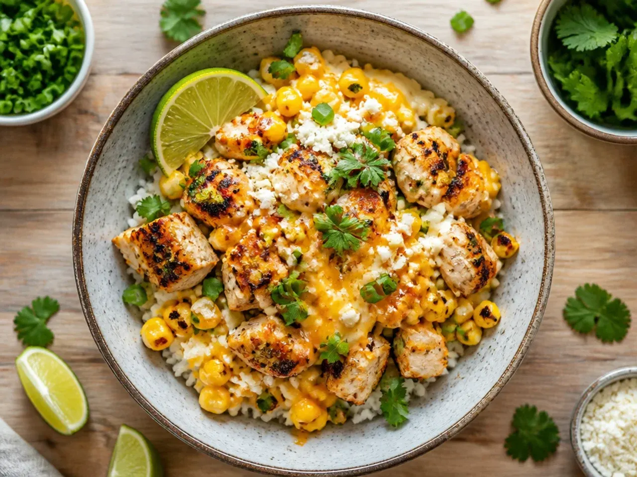 Budget-friendly chicken street corn rice bowl made with canned corn and chicken thighs