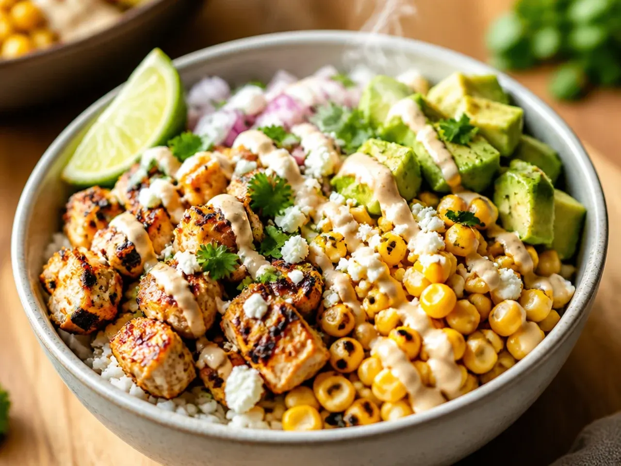 Meal prep containers with separated portions of chicken, corn, rice and sauce
