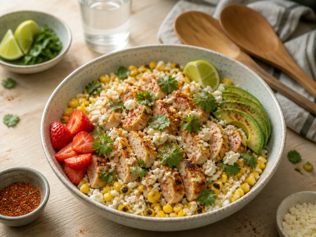 Mild family-friendly chicken street corn rice bowl with minimal spice