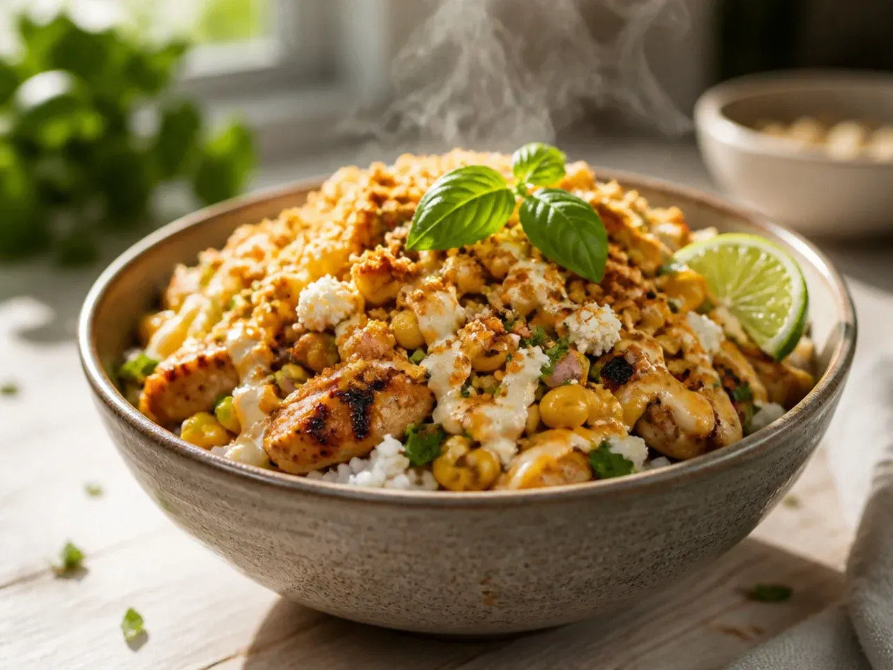 Colourful fiesta-style chicken street corn rice bowl arranged with striped toppings