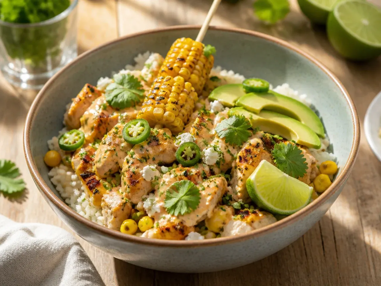 From-scratch ingredients for a homemade chicken street corn rice bowl being prepared