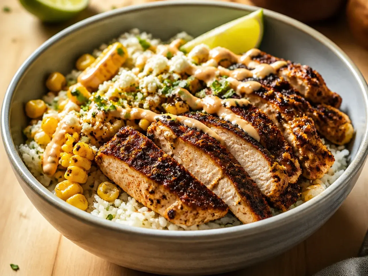 Blackened Cajun-spiced chicken sliced over a street corn rice bowl