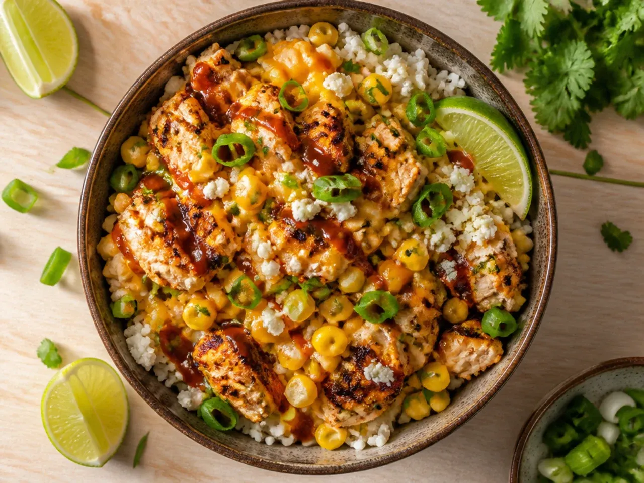 Honey-chipotle glazed chicken with a glossy caramelised finish over rice and corn