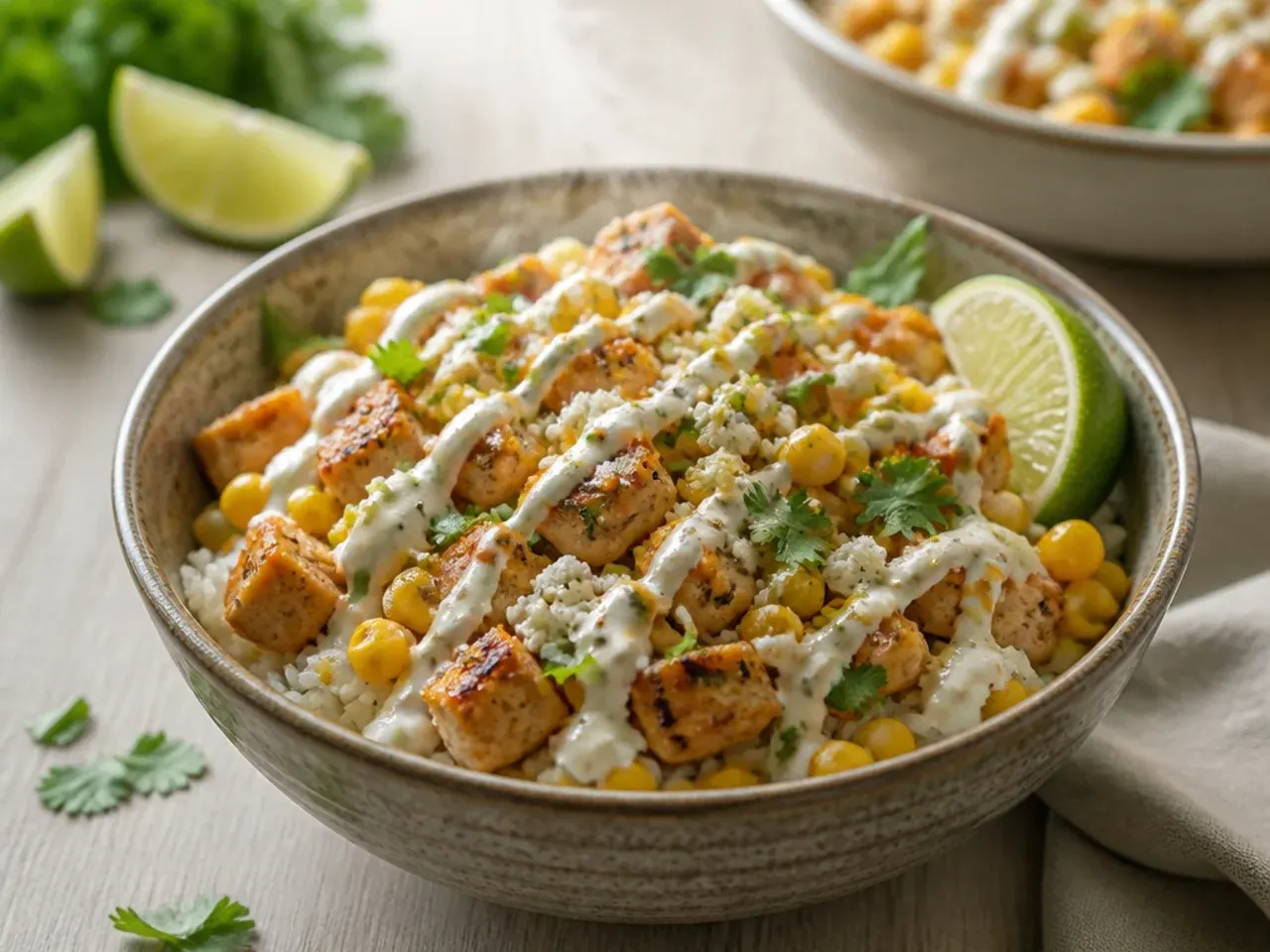 Chicken street corn rice bowl drizzled with a cool ranch-style dressing