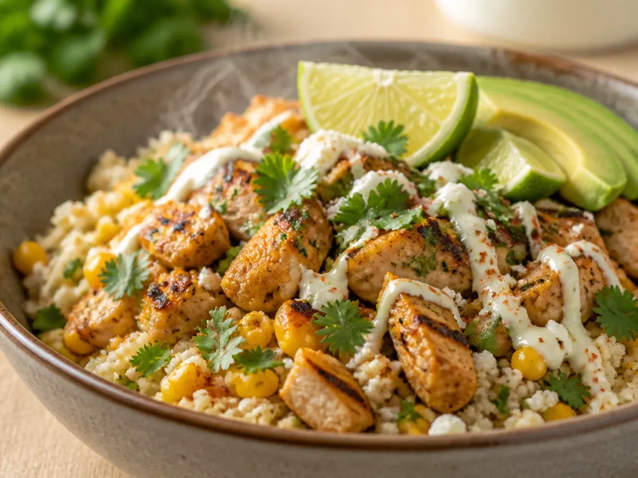 Chicken street corn bowl served over sautéed cauliflower rice instead of grain rice