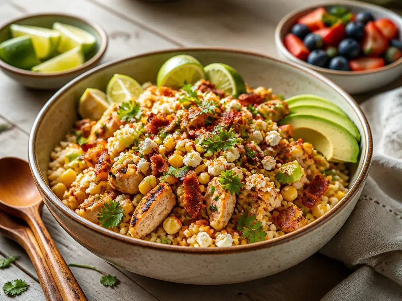Crumbled bacon sprinkled over a smoky chicken street corn rice bowl