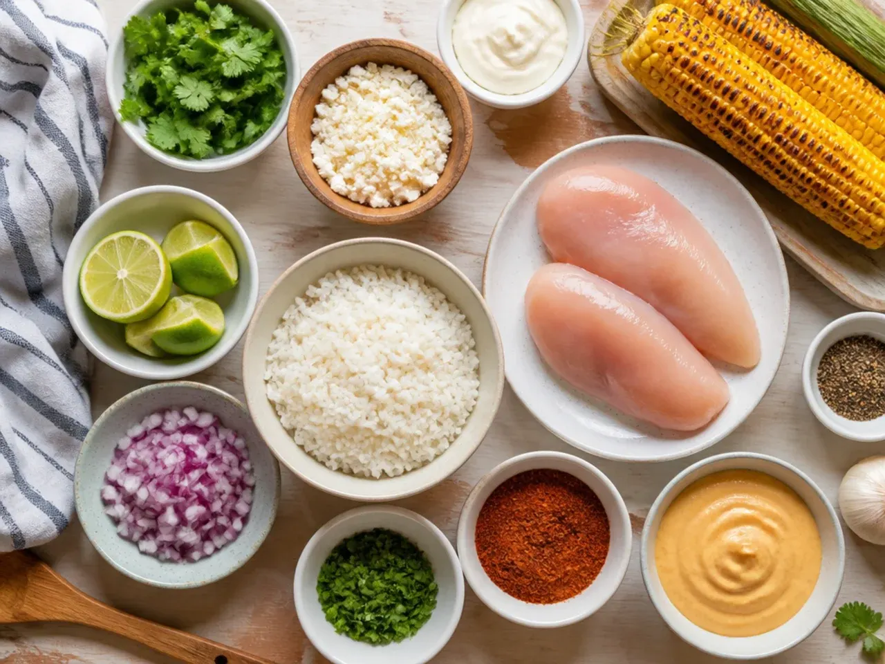 Close-up of hands seasoning raw chicken breast with a spice rub for a street corn bowl
