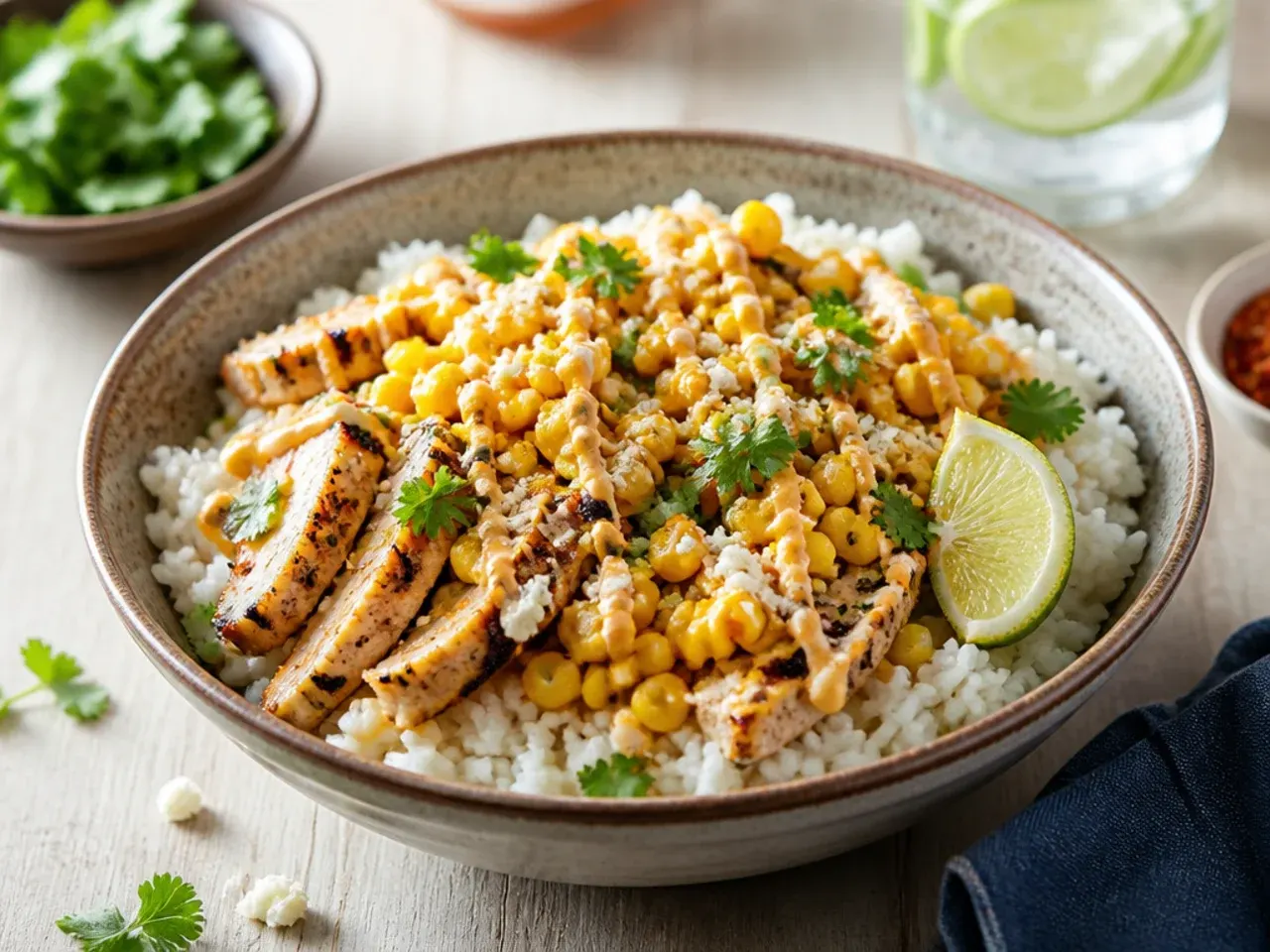 Chicken street corn rice bowl served with warm tortillas and lime wedges on the side