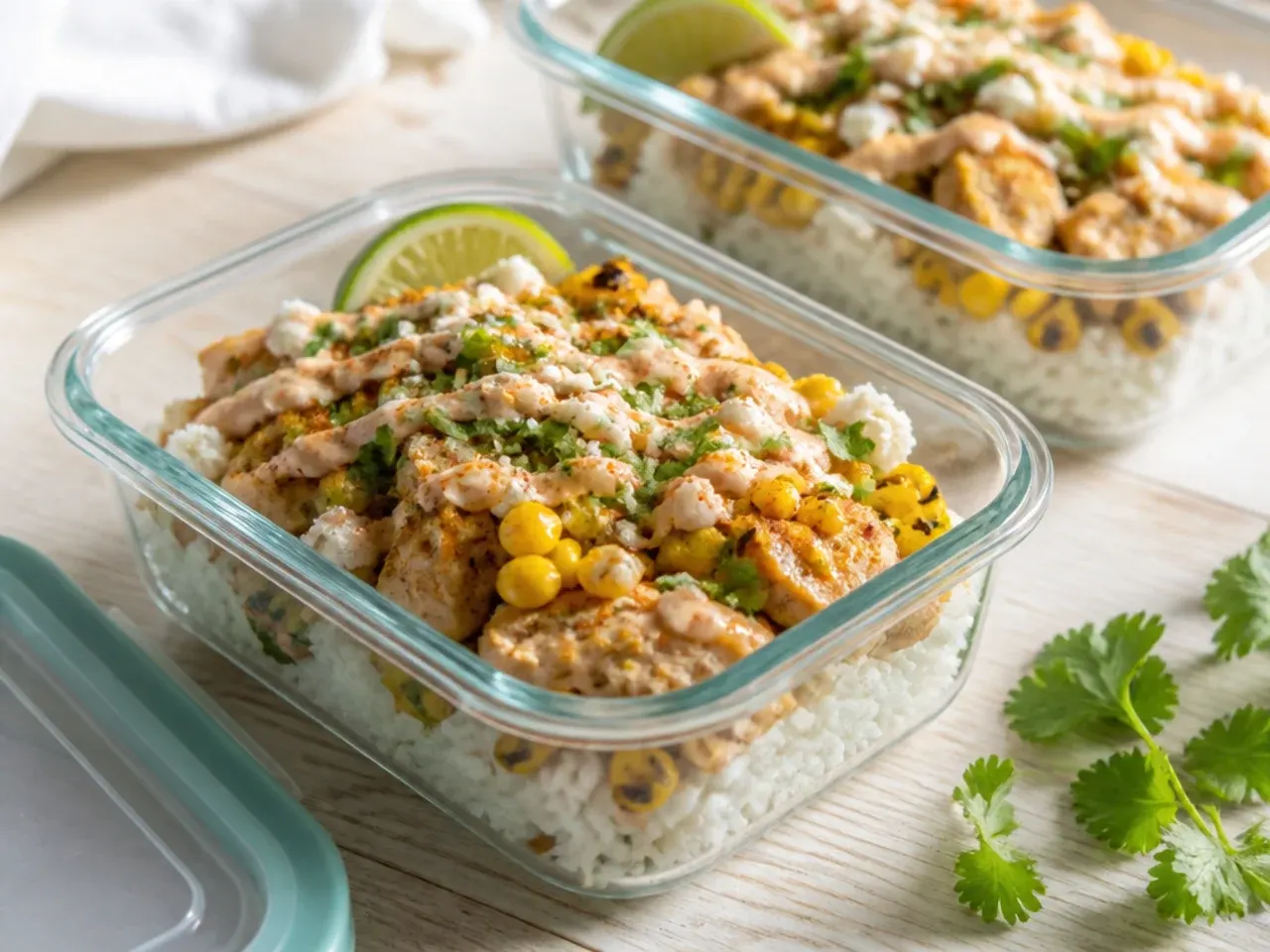 Leftover chicken street corn rice bowl components stored in airtight containers in the fridge