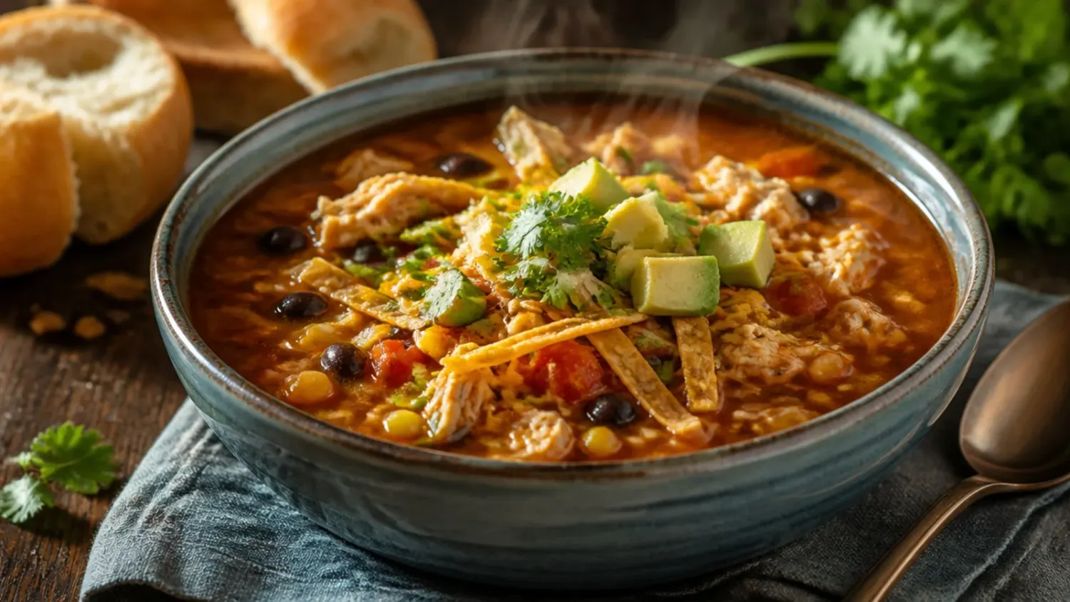 Overhead shot of a bowl of chicken taco soup topped with melted cheese, sour cream, avocado, and crispy tortilla strips