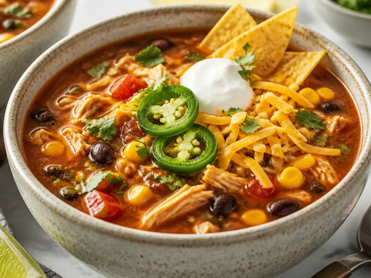 Bowls of chicken taco soup with toppings arranged on a wooden table