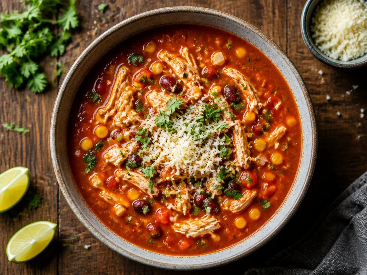 Pot of classic chicken taco soup simmering with shredded chicken and beans