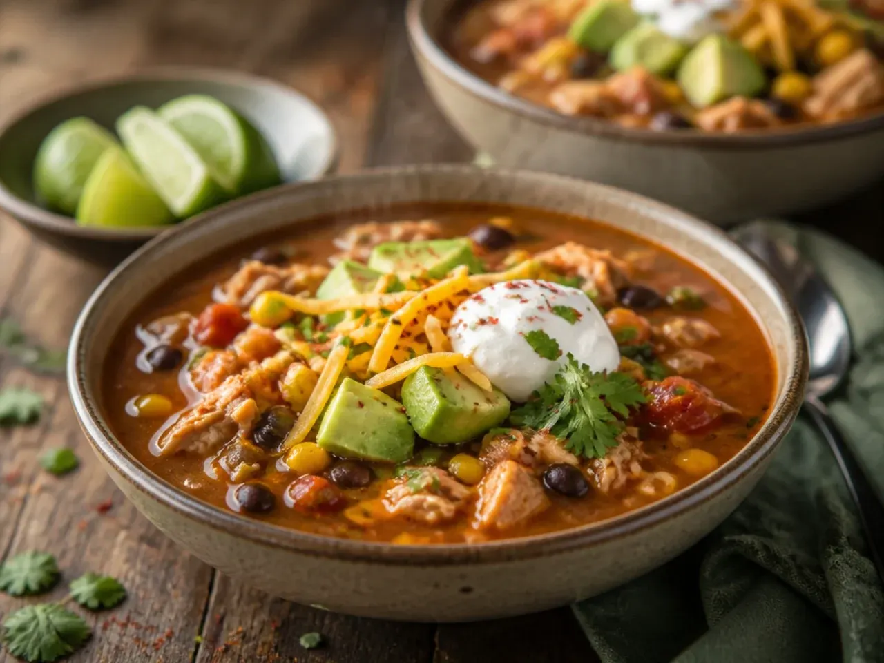 Quick weeknight chicken taco soup with rotisserie chicken in a bowl