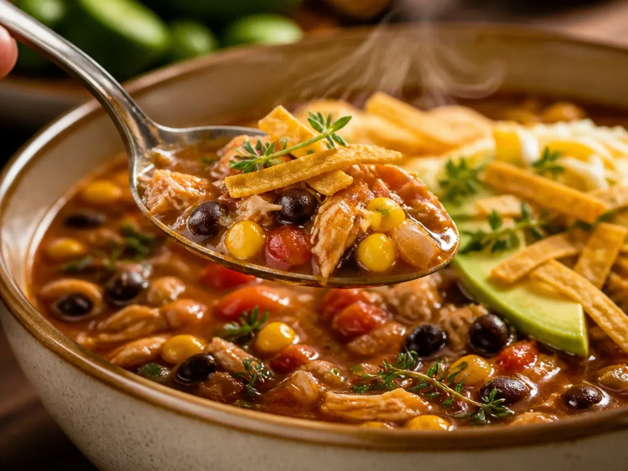 Slow cooker filled with chicken taco soup ingredients