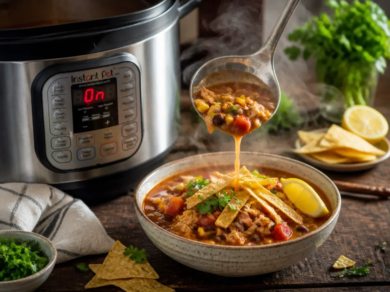 Instant Pot electric pressure cooker with chicken taco soup