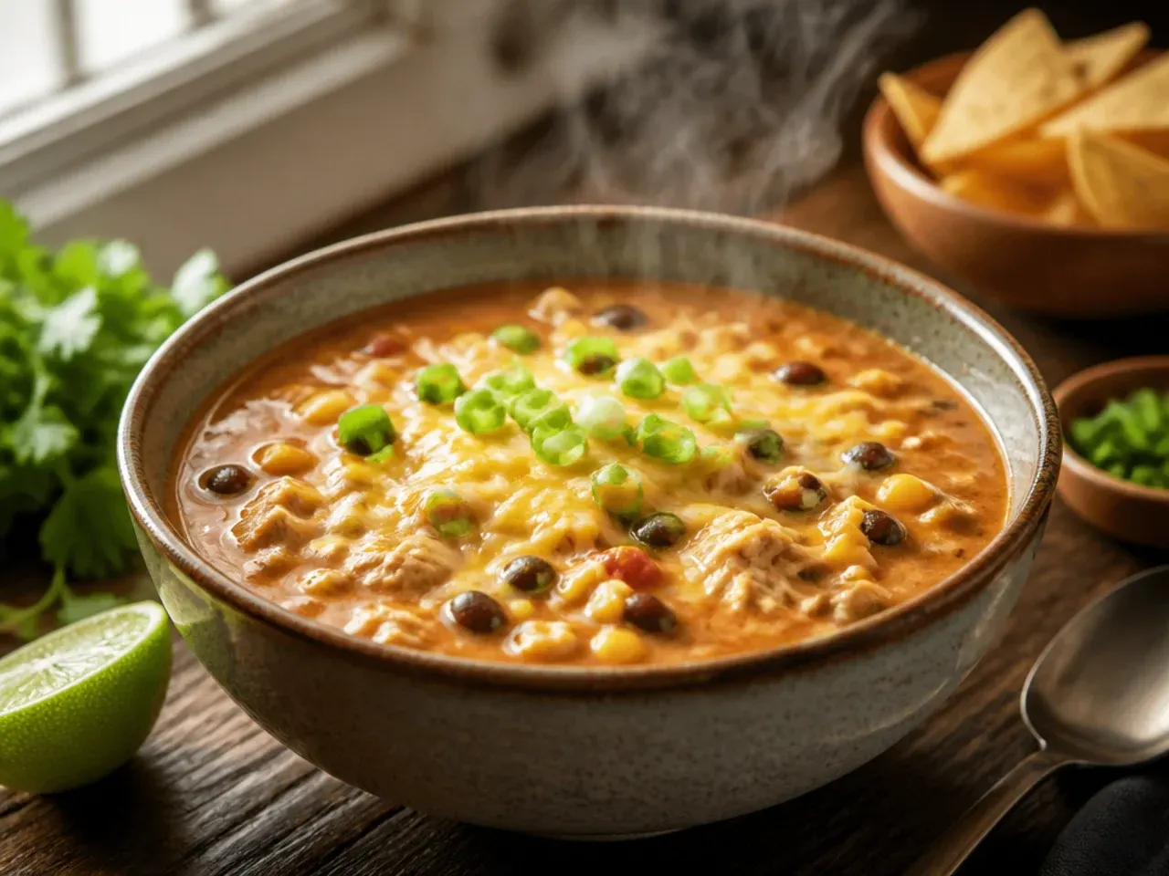 Ladle lifting creamy chicken taco soup from a pot