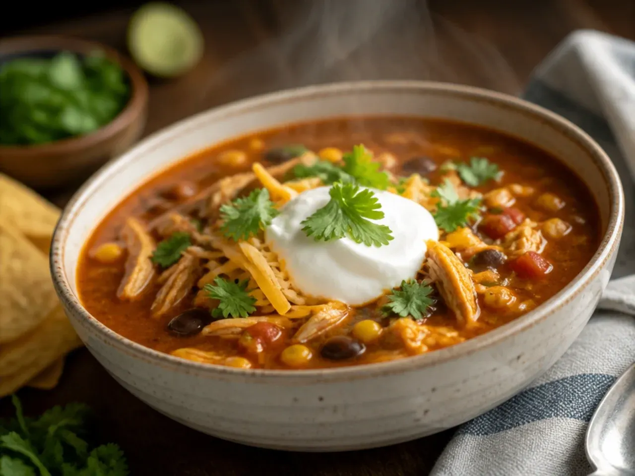 Bowl of cheesy chicken taco soup with melted cheese on top