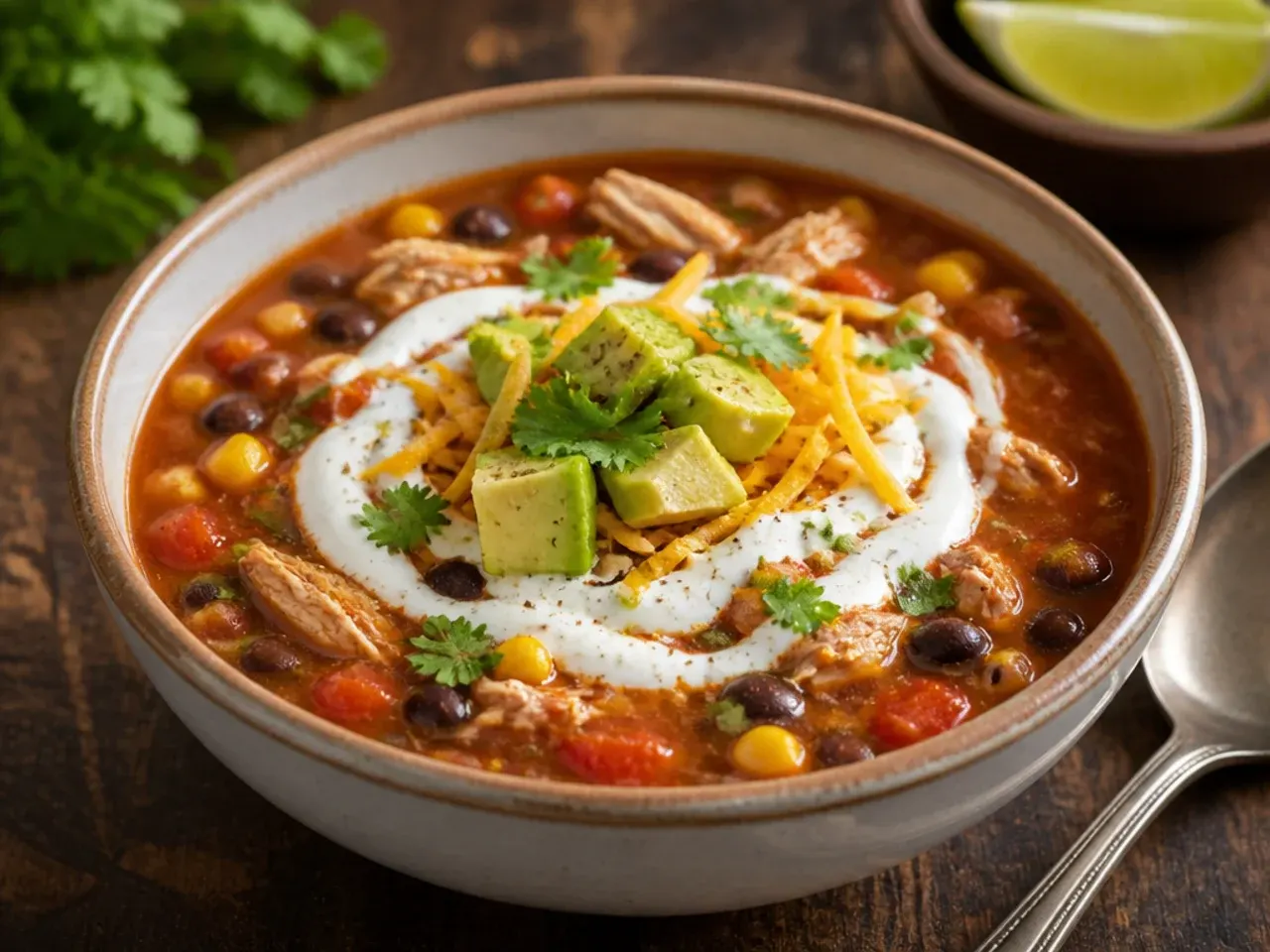Loaded chicken taco soup topping bar with avocado and tortilla chips