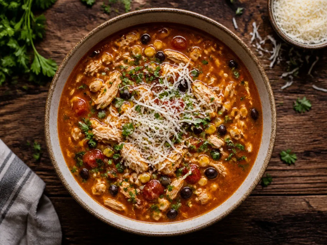 Budget chicken taco soup made with canned pantry ingredients