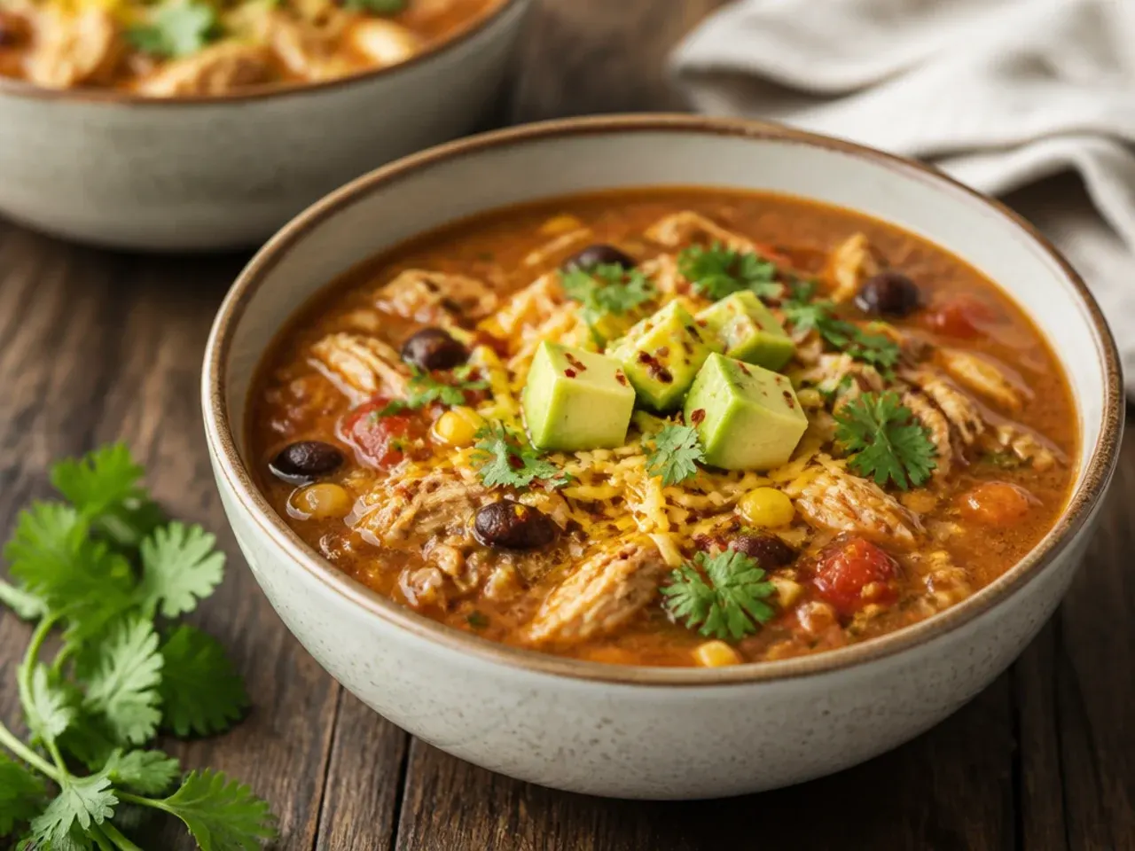 Shredded rotisserie chicken being added to taco soup