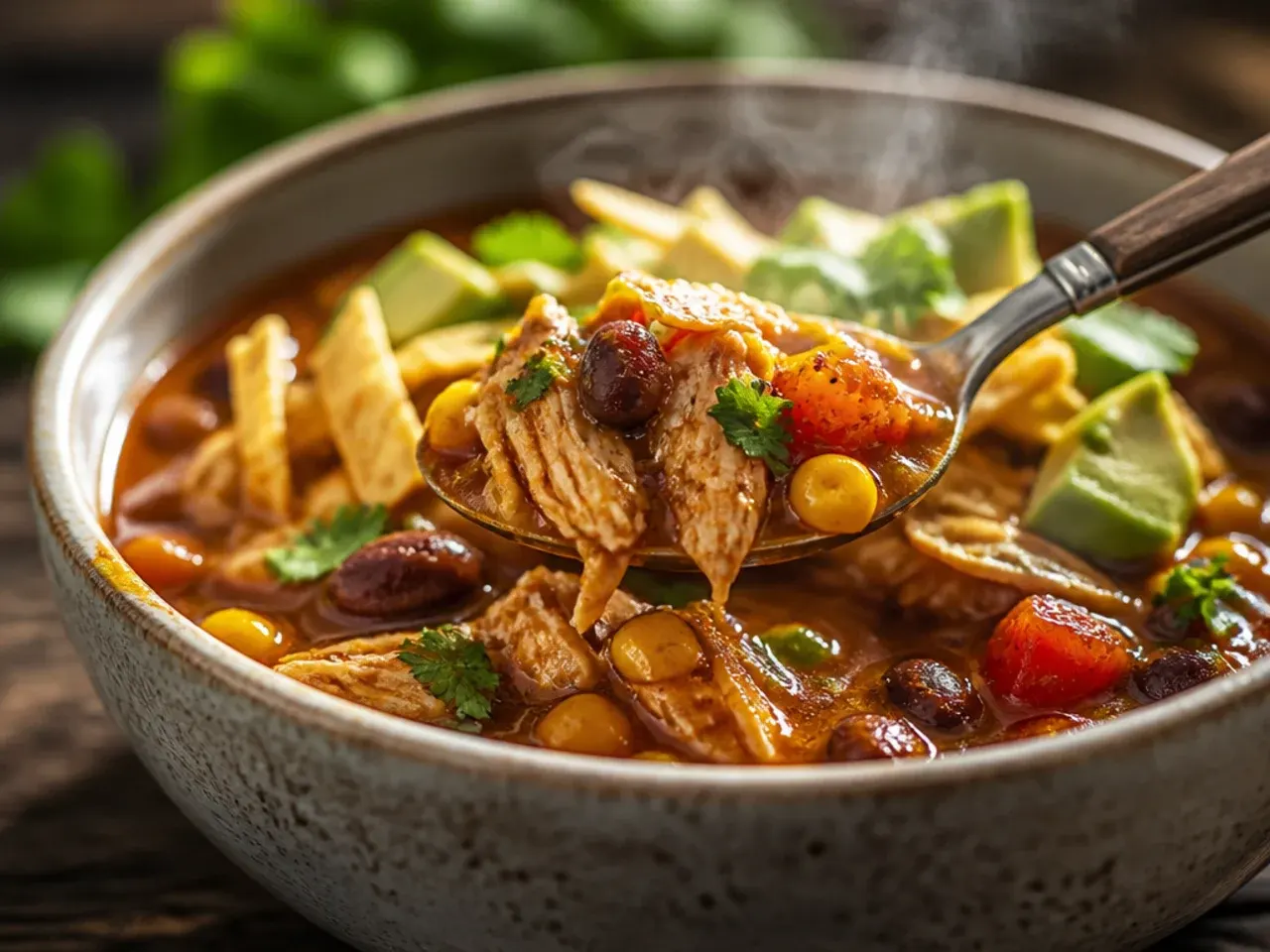 Rustic chunky chicken taco soup with visible diced chicken and vegetables