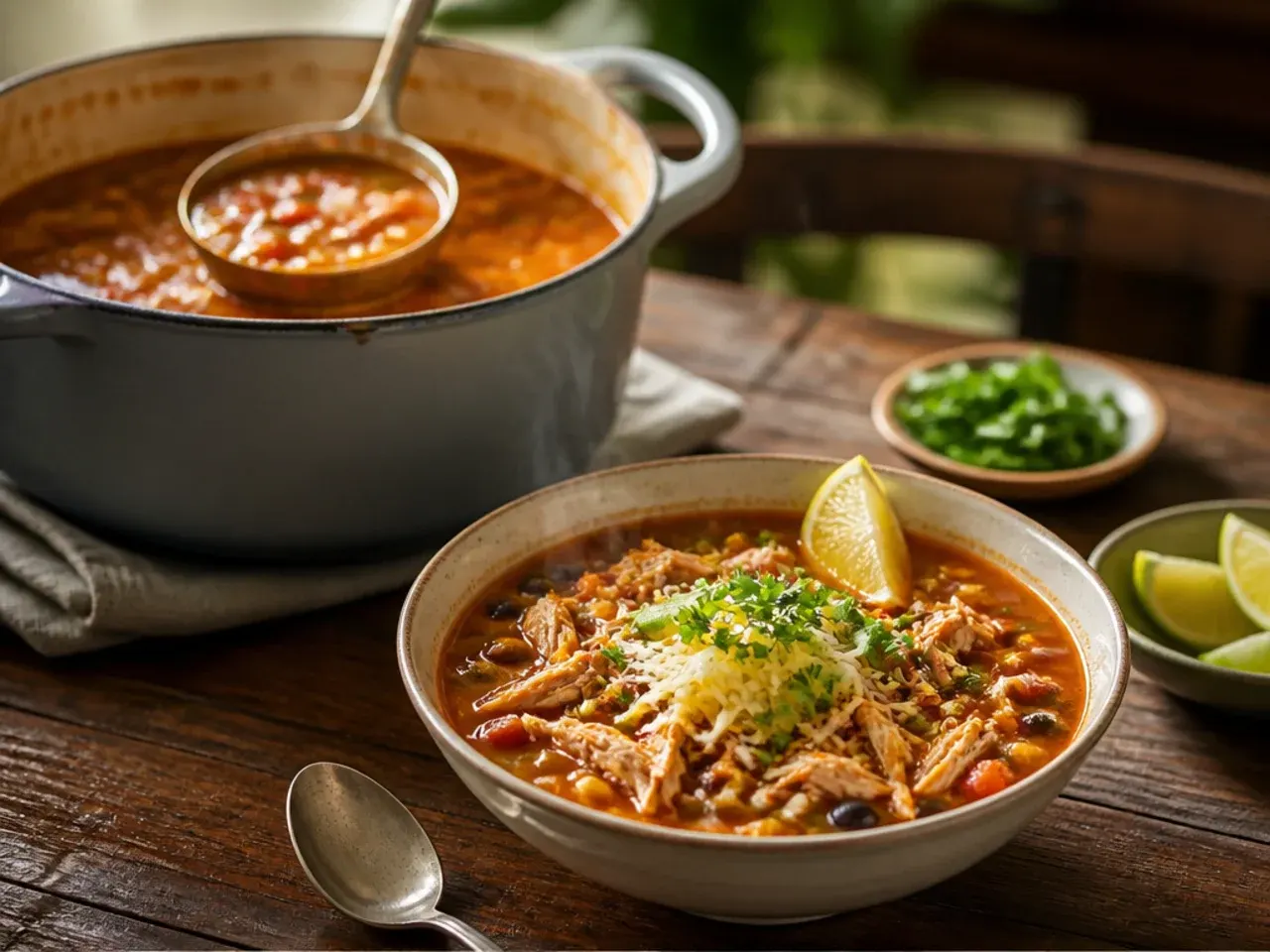 Smoky chipotle chicken taco soup with a red-orange broth
