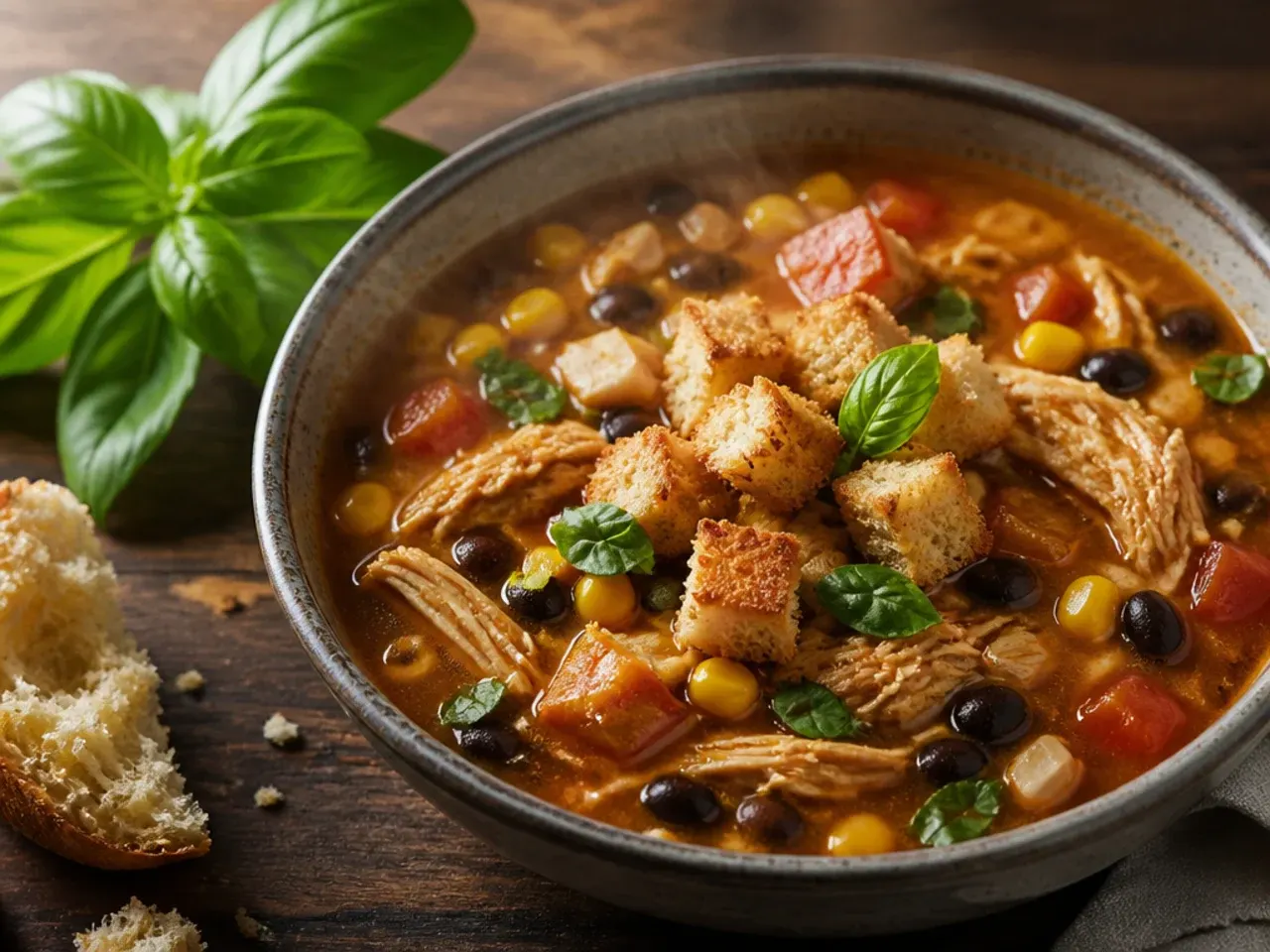 Chicken taco soup loaded with extra black beans and sweet corn